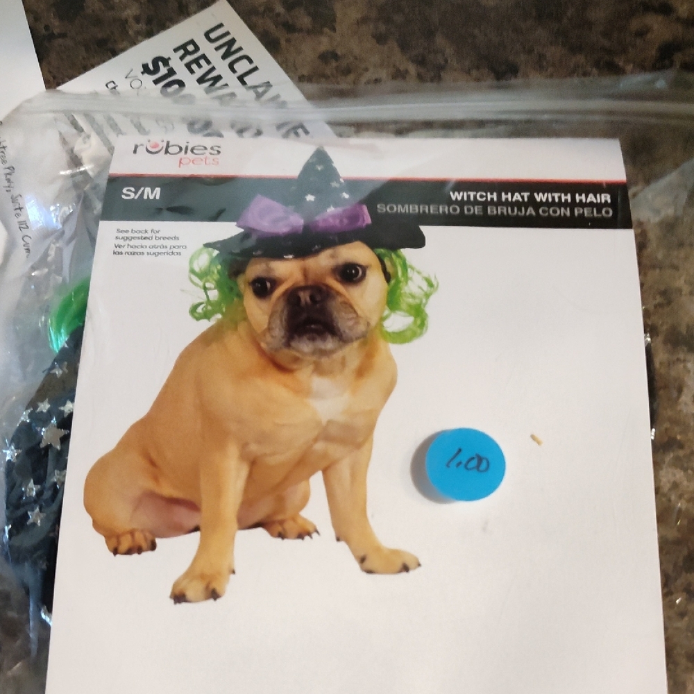 Rubie's Black Witch Hat with Purple Bow and Green Hair for Dogs